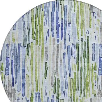 8' Sky Blue And Fern Green Round Striped Washable Indoor Outdoor Area Rug