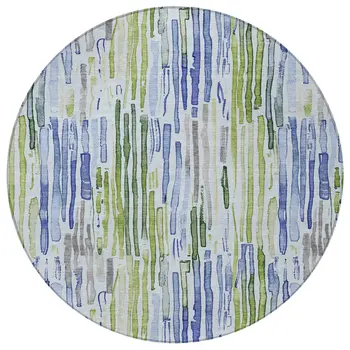 8' Sky Blue And Fern Green Round Striped Washable Indoor Outdoor Area Rug