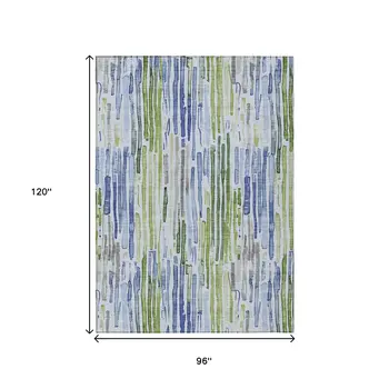 8' X 10' Sky Blue And Fern Green Striped Washable Indoor Outdoor Area Rug