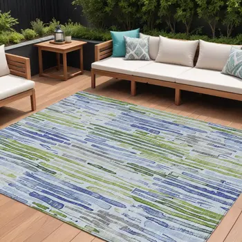8' X 10' Sky Blue And Fern Green Striped Washable Indoor Outdoor Area Rug