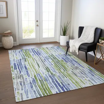 8' X 10' Sky Blue And Fern Green Striped Washable Indoor Outdoor Area Rug