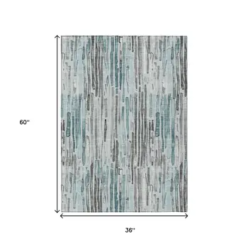 3' X 5' Teal Blue And Gray Striped Washable Indoor Outdoor Area Rug