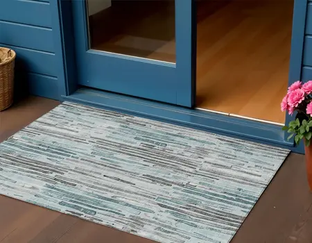 3' X 5' Teal Blue And Gray Striped Washable Indoor Outdoor Area Rug