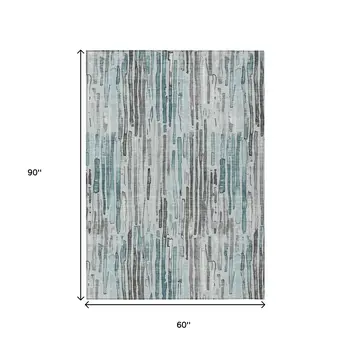 5' X 8' Teal Blue And Gray Striped Washable Indoor Outdoor Area Rug