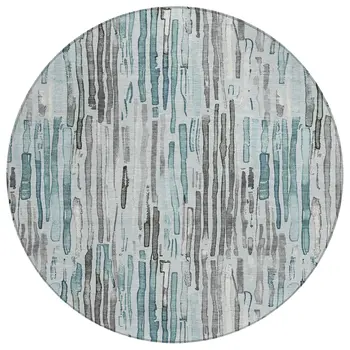 8' Teal Blue And Gray Round Striped Washable Indoor Outdoor Area Rug
