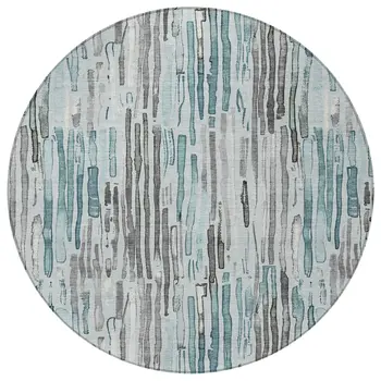 8' Teal Blue And Gray Round Striped Washable Indoor Outdoor Area Rug