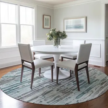 8' Teal Blue And Gray Round Striped Washable Indoor Outdoor Area Rug