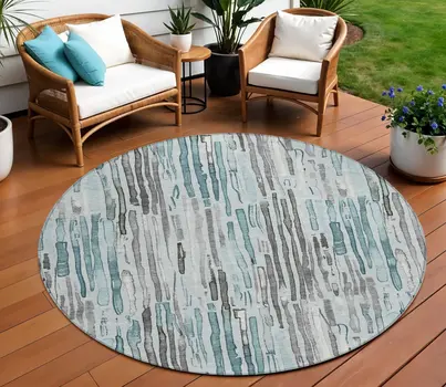8' Teal Blue And Gray Round Striped Washable Indoor Outdoor Area Rug