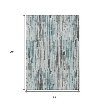 8' X 10' Teal Blue And Gray Striped Washable Indoor Outdoor Area Rug