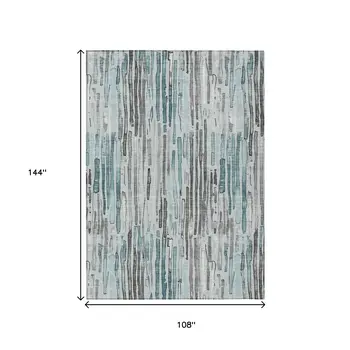 9' X 12' Teal Blue And Gray Striped Washable Indoor Outdoor Area Rug