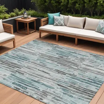 9' X 12' Teal Blue And Gray Striped Washable Indoor Outdoor Area Rug