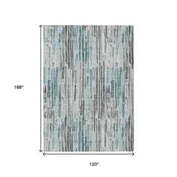 10' X 14' Teal Blue And Gray Striped Washable Indoor Outdoor Area Rug