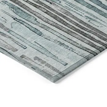 10' X 14' Teal Blue And Gray Striped Washable Indoor Outdoor Area Rug