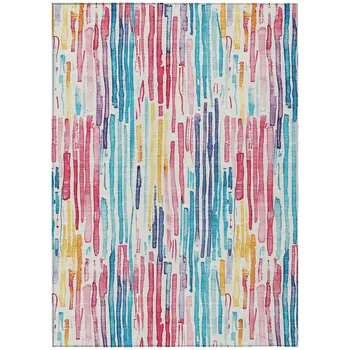 3' X 5' White Pink Teal Blue And Yellow Striped Washable Indoor Outdoor Area Rug