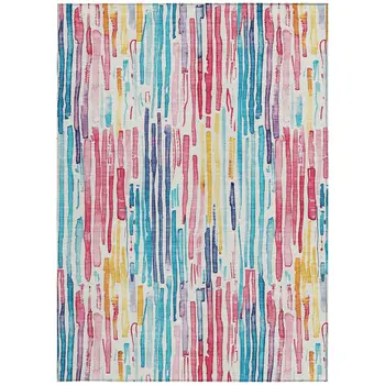 3' X 5' White Pink Teal Blue And Yellow Striped Washable Indoor Outdoor Area Rug