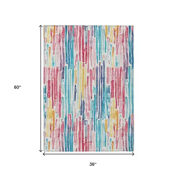 3' X 5' White Pink Teal Blue And Yellow Striped Washable Indoor Outdoor Area Rug