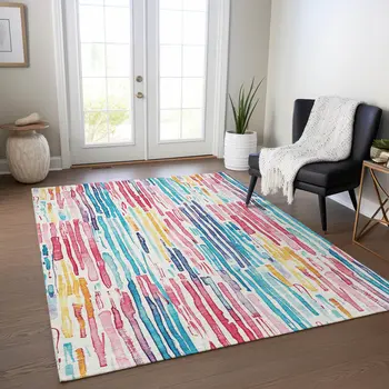 3' X 5' White Pink Teal Blue And Yellow Striped Washable Indoor Outdoor Area Rug