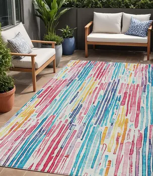 5' X 8' White Pink Teal Blue And Yellow Striped Washable Indoor Outdoor Area Rug