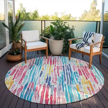 8' White Pink Teal Blue And Yellow Round Striped Washable Indoor Outdoor Area Rug