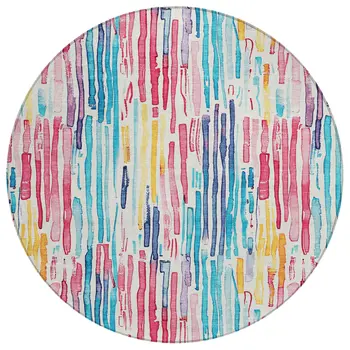 8' White Pink Teal Blue And Yellow Round Striped Washable Indoor Outdoor Area Rug