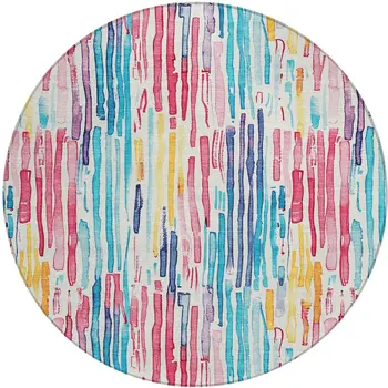 8' White Pink Teal Blue And Yellow Round Striped Washable Indoor Outdoor Area Rug