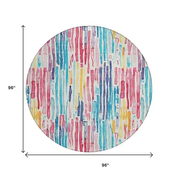 8' White Pink Teal Blue And Yellow Round Striped Washable Indoor Outdoor Area Rug