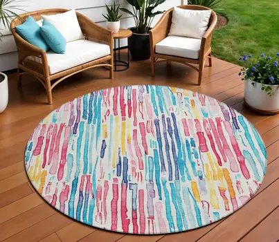 8' White Pink Teal Blue And Yellow Round Striped Washable Indoor Outdoor Area Rug