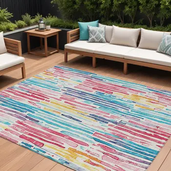9' X 12' White Pink Teal Blue And Yellow Striped Washable Indoor Outdoor Area Rug