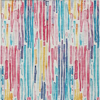 9' X 12' White Pink Teal Blue And Yellow Striped Washable Indoor Outdoor Area Rug