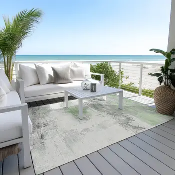 3' X 5' Artichoke Green And Gray Abstract Washable Indoor Outdoor Area Rug