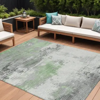 8' X 10' Artichoke Green And Gray Abstract Washable Indoor Outdoor Area Rug