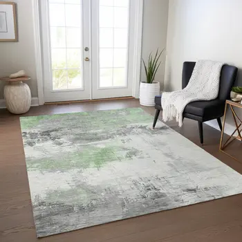 10' X 14' Artichoke Green And Gray Abstract Washable Indoor Outdoor Area Rug