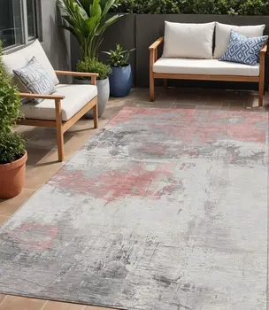 5' X 8' Coral And Gray Abstract Washable Indoor Outdoor Area Rug