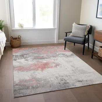 5' X 8' Coral And Gray Abstract Washable Indoor Outdoor Area Rug