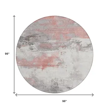 8' Coral And Gray Round Abstract Washable Indoor Outdoor Area Rug