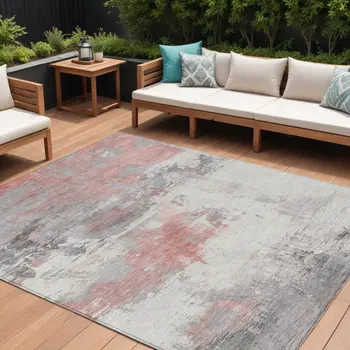 8' X 10' Coral And Gray Abstract Washable Indoor Outdoor Area Rug