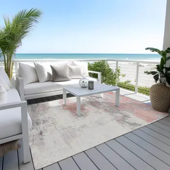 9' X 12' Coral And Gray Abstract Washable Indoor Outdoor Area Rug