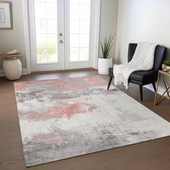 9' X 12' Coral And Gray Abstract Washable Indoor Outdoor Area Rug