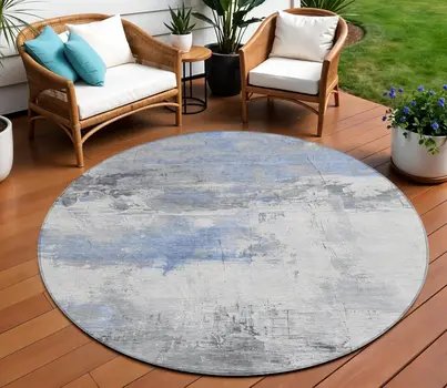 8' Denim Blue And Gray Round Abstract Washable Indoor Outdoor Area Rug