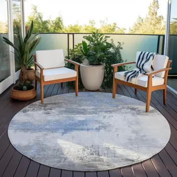 8' Denim Blue And Gray Round Abstract Washable Indoor Outdoor Area Rug
