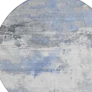 8' Denim Blue And Gray Round Abstract Washable Indoor Outdoor Area Rug