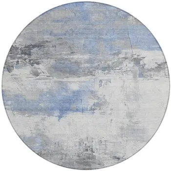 8' Denim Blue And Gray Round Abstract Washable Indoor Outdoor Area Rug
