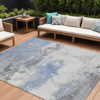 9' X 12' Denim Blue And Gray Abstract Washable Indoor Outdoor Area Rug