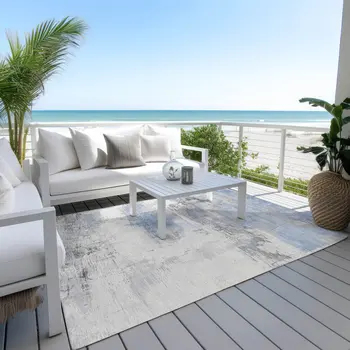 9' X 12' Denim Blue And Gray Abstract Washable Indoor Outdoor Area Rug