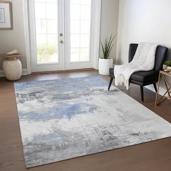 9' X 12' Denim Blue And Gray Abstract Washable Indoor Outdoor Area Rug