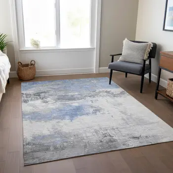 10' X 14' Denim Blue And Gray Abstract Washable Indoor Outdoor Area Rug
