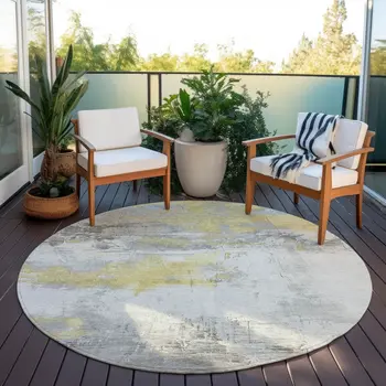 8' Gold And Gray Round Abstract Washable Indoor Outdoor Area Rug