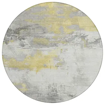 8' Gold And Gray Round Abstract Washable Indoor Outdoor Area Rug