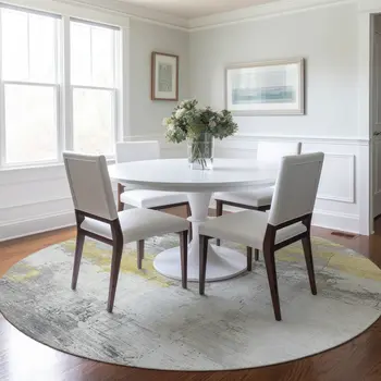 8' Gold And Gray Round Abstract Washable Indoor Outdoor Area Rug