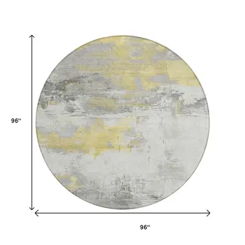 8' Gold And Gray Round Abstract Washable Indoor Outdoor Area Rug
